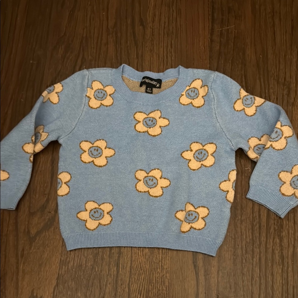 Blue Sweater with Smiley Flowers